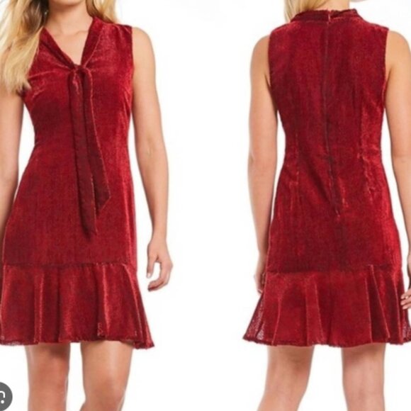 KARL LAGERFELD - Pindot Velvet tie-neck mini dress size 6 red and black - Picture 2 of 10